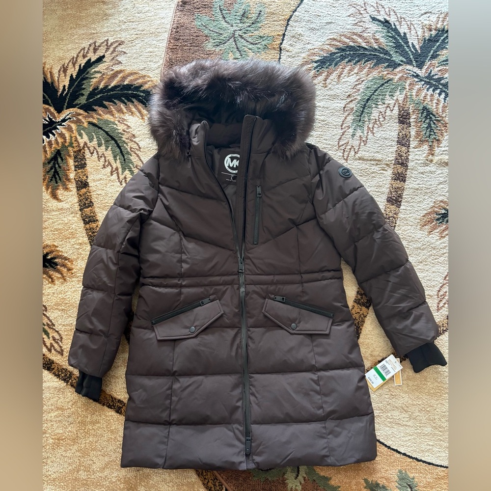 Michael Kors Chocolate Winter Puffer Coat MK Jacket Fur Hood Size S M L XL NWT - Picture 4 of 12